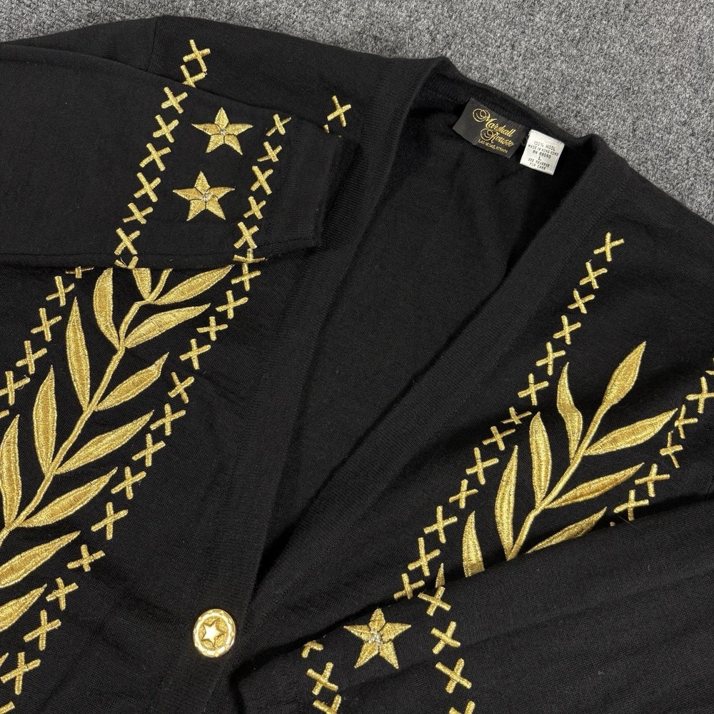 Vintage 80s 90s‎ Black Gold 100% Wool Embroidered Gold Button Cardigan Sweater L